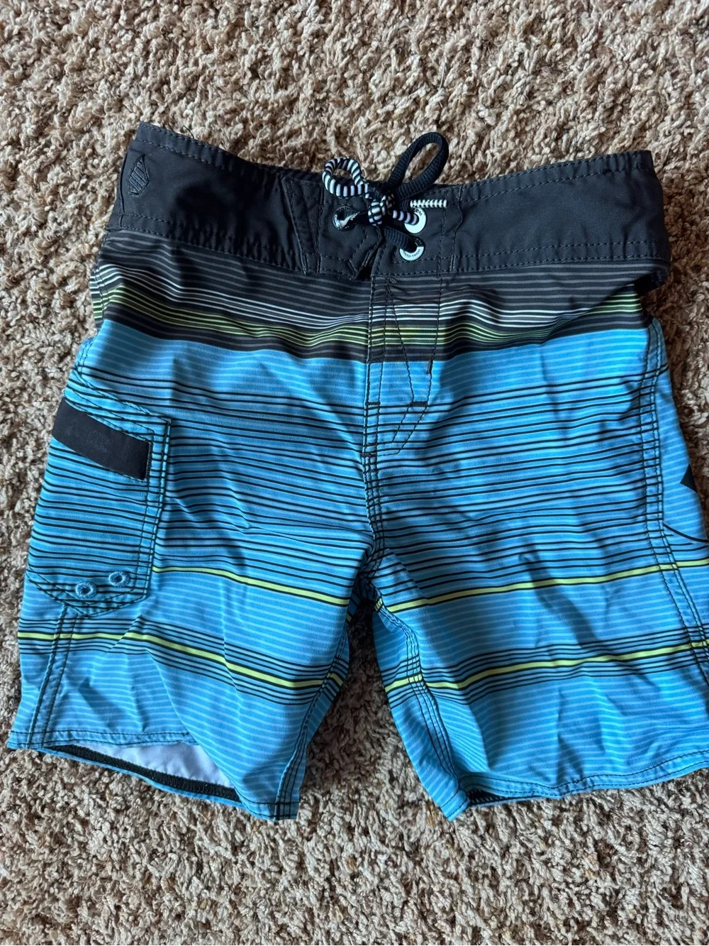 Volcom Boys Blue Striped Swim Trunks with Black Waistband